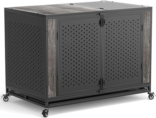 48" Heavy Duty Dog Crate Furniture for Extra Large Dogs, Enclosed Design with 0.5 inch Holes, Indestructible Metal Kennel for High Anxiety Dogs, Chew Proof Pet House Cage Indoor, Gray-PawvioPets