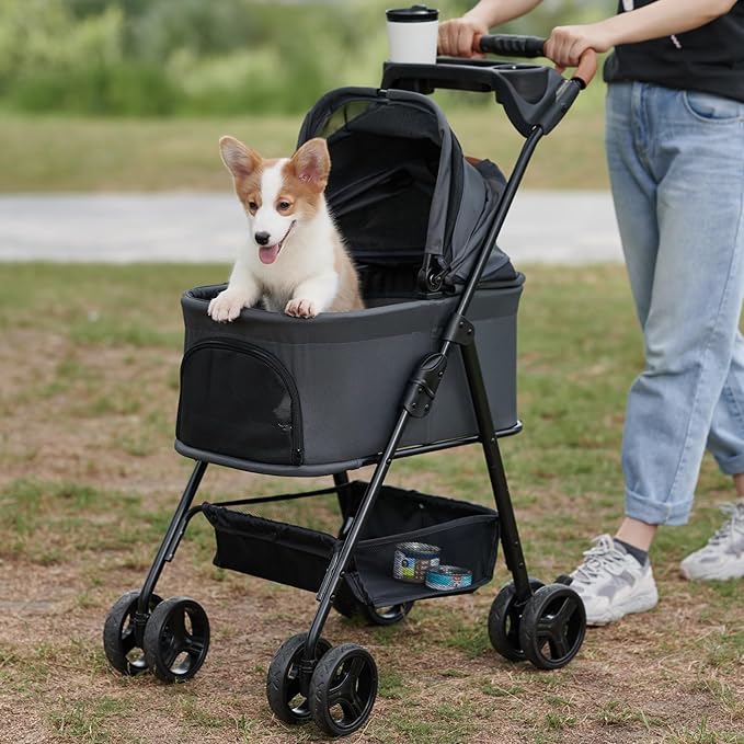 3 in 1 Pet Stroller with Removable Carrier, Folding Stroller for Small/Medium Dogs and Cats, Waterproof, All-Terrain, with Sun Shades, Car Seat-PawvioPets