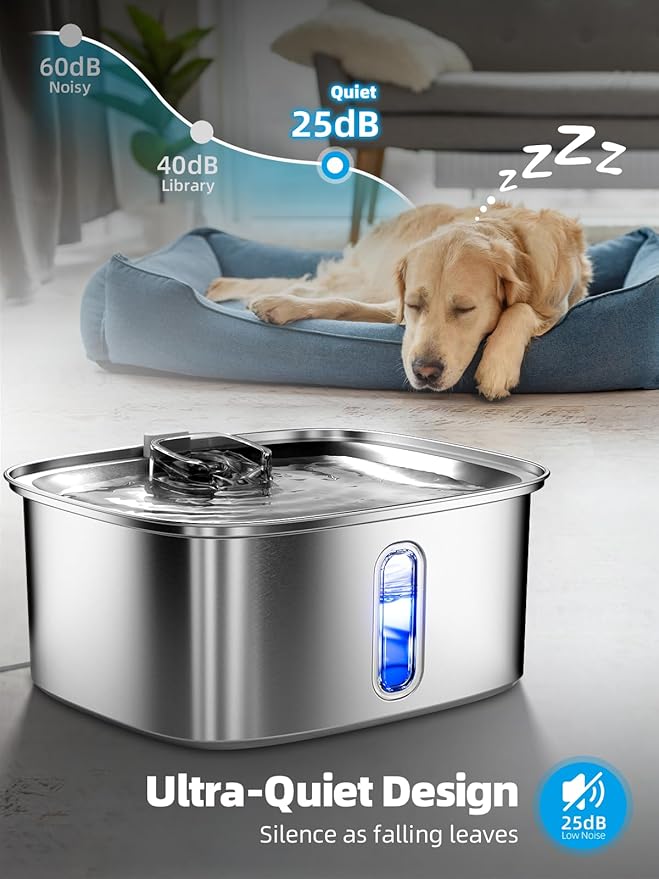 Dog Water Fountain for Large Dogs, 9L/2.4Gal Stainless Steel Dog Fountain with Water Level Window & Filtration, Automatic Pet Water Bowl Dispenser Indoor, Super Quiet for Multi-Pet-PawvioPets
