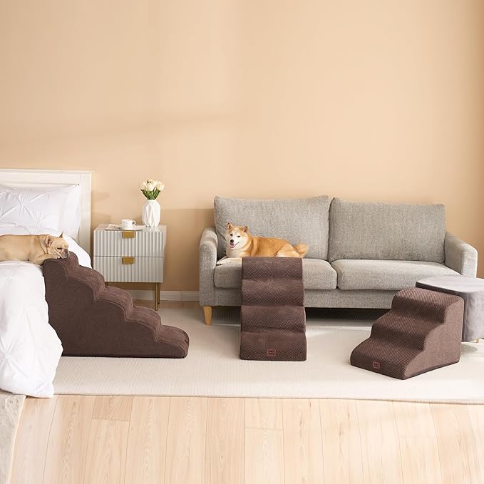 EHEYCIGA Curved Dog Stairs Ramp for Small Dogs 15.7" H, 3-Step Dog Steps for Couch Sofa and Chair, Pet Stairs for Cats, Non-Slip Balanced Pet Steps Indoor, Brown-PawvioPets