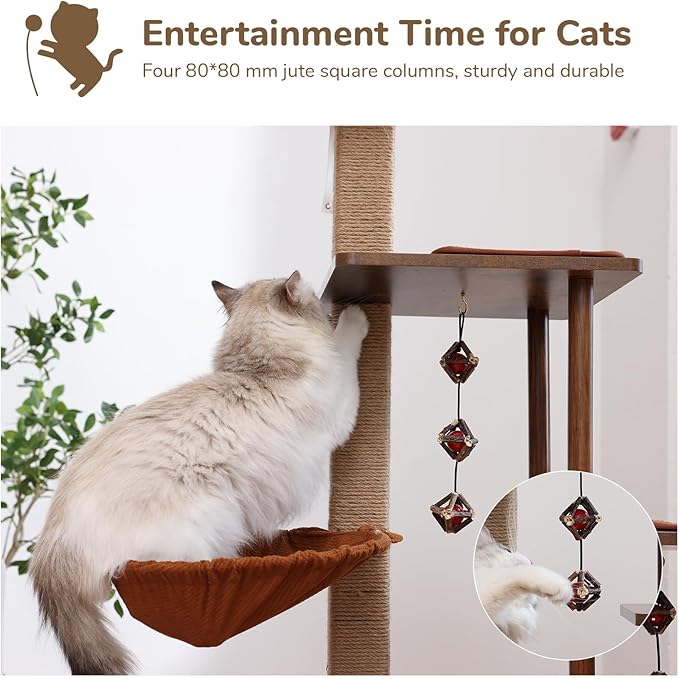 FUKUMARU Cat Tree, 4 in 1 Large Modern Cats Tower with Jute Scratching Post and Hammock, Wood Cat Condo with silvervine Balls, Brown Cat Climber Stand Playhouse for Indoor Cats, Retro Style-PawvioPets