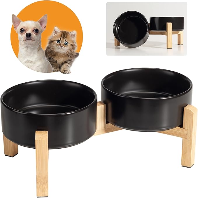 Elevated Ceramic Dog Bowl Set - Raised Feeding Bowls with Non-Slip Bamboo Stand - Small Pet Dishes for Food and Water - Ideal for Cats and Puppies - 16.23 OZ - 2 Cups - 480 ML-PawvioPets