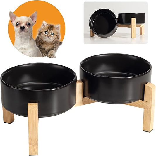 Elevated Ceramic Dog Bowl Set - Raised Feeding Bowls with Non-Slip Bamboo Stand - Small Pet Dishes for Food and Water - Ideal for Cats and Puppies - 16.23 OZ - 2 Cups - 480 ML-PawvioPets