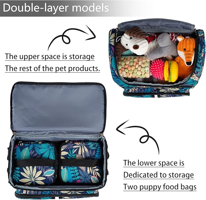 BAGLHER Pet Travel Bag, Double-Layer Pet Supplies Backpack (for All Pet Travel Supplies), Pet Travel Backpack with 2 Silicone Collapsible Bowls and 2 Food Baskets Hawaii-PawvioPets