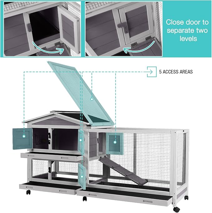 62" Rabbit Hutch with Chew-Proof Ramp & Waterproof Roof - Indoor/Outdoor Bunny Cage, 2-Story Design, 6 Lockable Caster Wheels & Dual Pull-Out Trays (Grey)-PawvioPets