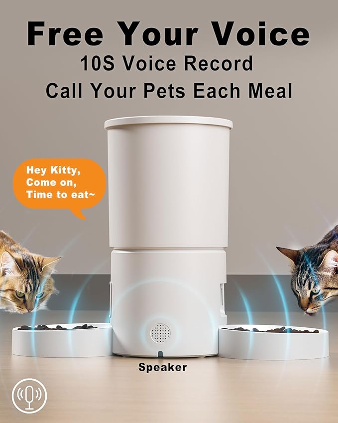 Dual Automatic Cat Feeder 2 Cats,6 Meals/Day,12 Portions/Meal,4.2L Dual Power Double Bowls Feeder,Dry Food Auto Pet Dispenser,10S Voice Record,Flexible Schedule Timer (White,Basic Dual Bowls)-PawvioPets
