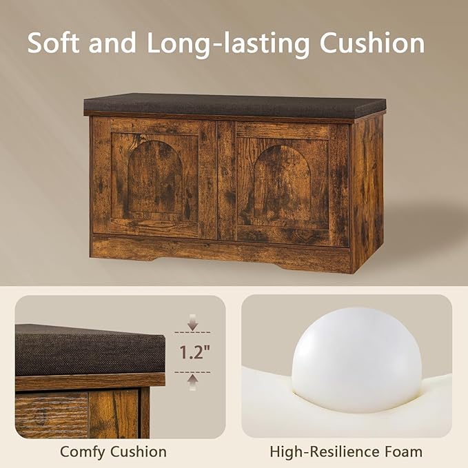 DINZI LVJ Shoe Bench, Entryway Storage Bench with Doors, Cushion, 2-Tier Shoe Rack with 6-Cubby, 31.5”L x 13.8”W Shoe Organizer Cabinet, Adjustable Shelf, Living Room, Bedroom, Rustic Brown-PawvioPets