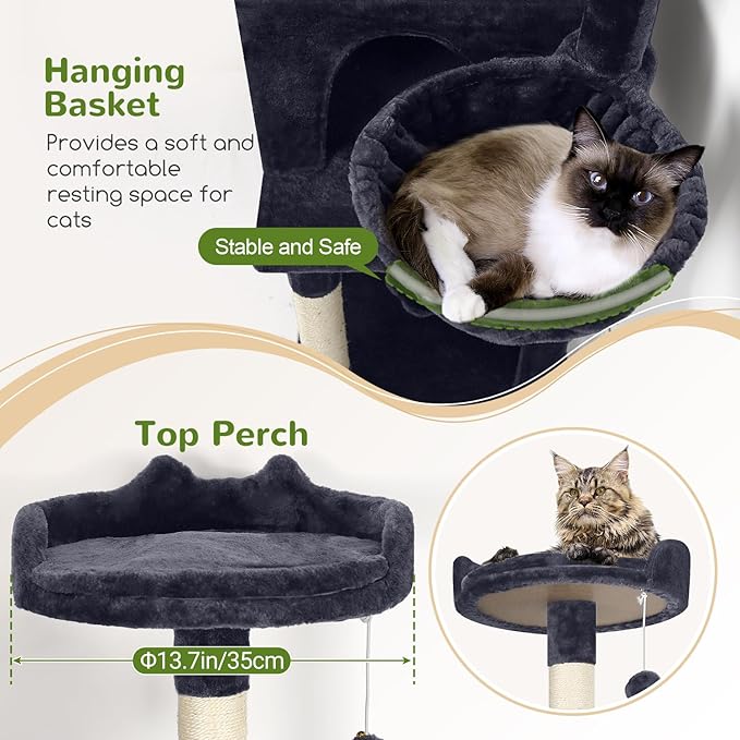 Globlazer Cat Tree, 70 inch Tall Scratching Tower Multi-Level Cat Condo for Indoor Multiple Cats with 2 Large Cat Caves, Top Perch, Large Platform, Bottom Swing, F70B, Dark Grey-PawvioPets