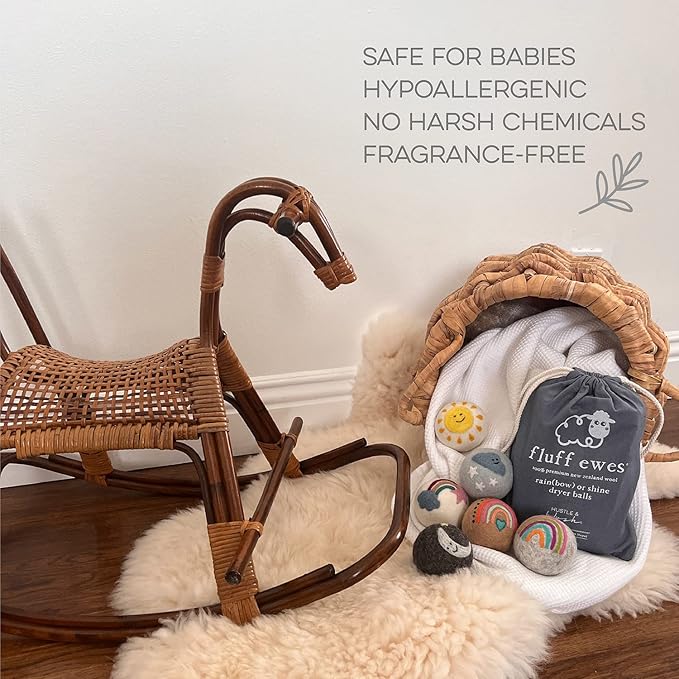 Fluff Ewes Wool Dryer Balls 6 Pack Premium New Zealand Wool Laundry Balls for Dryer, No Static Dryer Balls Laundry Reusable, XL Wool Dryer Balls Cute, Baby Dryer Balls for Dryers - Rainbow or Shine-PawvioPets