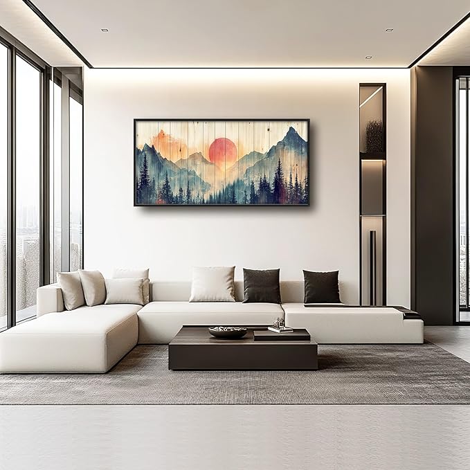 Framed Large Cabin Mountain Wall Art for Living Room, Oversized Rustic Forest Wall Decor, Rustic Nature Landscape Canvas Painting Sunset Pictures Home Decoration for Bedroom Office 60"x30"-PawvioPets