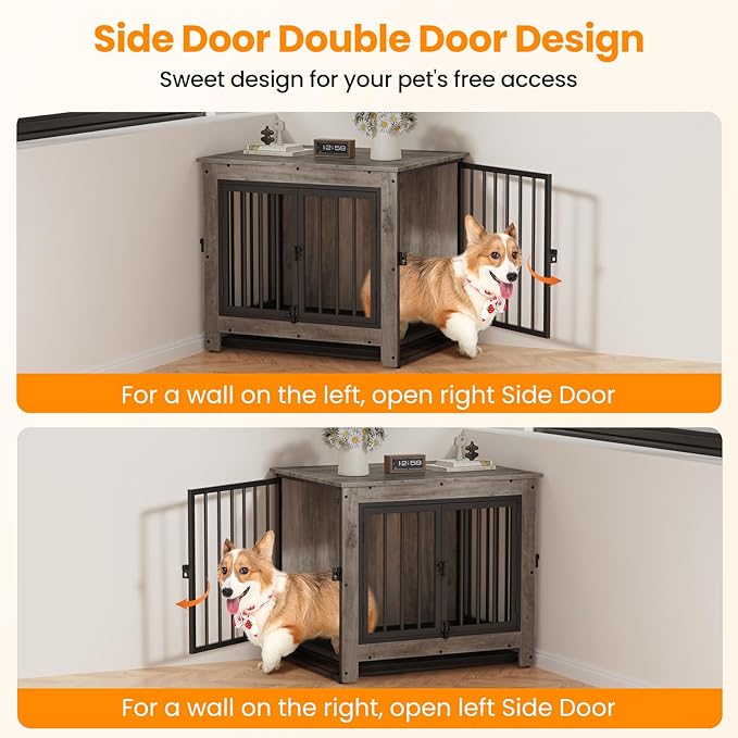 Dog Crate Furniture, Dog Crate End Table for Small and Medium Dogs,Wooden Cage Kennel Furniture Indoor, Modern Dog Crate with Multi-Purpose Removable Tray, Double-Doors Dog Furniture, Greige-PawvioPets