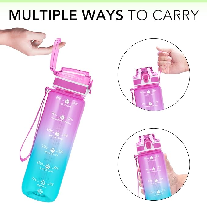 32oz Motivational Water Bottles with Time Marker & Fruit Strainer, Transparent Gradient Color Water Bottle with Times to Drink, Leakproof & BPA Free, Reusable Bottle with Strap (No Straw)-PawvioPets