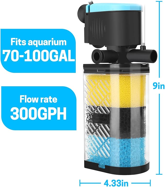 AquaMiracle Aquarium Filter 3-Stage in-Tank Filter Internal Fish Tank Filter Turtle Filter for 70-100 Gallon Fish Tanks with Dual Water Outlet & Aeration-PawvioPets