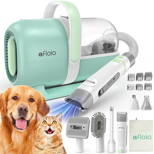 Afloia 6-in-1 Dog Grooming Kit, Pet Grooming Vacuum for Shedding, Dog Hair Vacuum with Clipper Nail Trimmer Grinder, Pet Brush Groomer at Home, Low Noise Cats Hair Remover, 1.5L Dust Cup, Green-PawvioPets