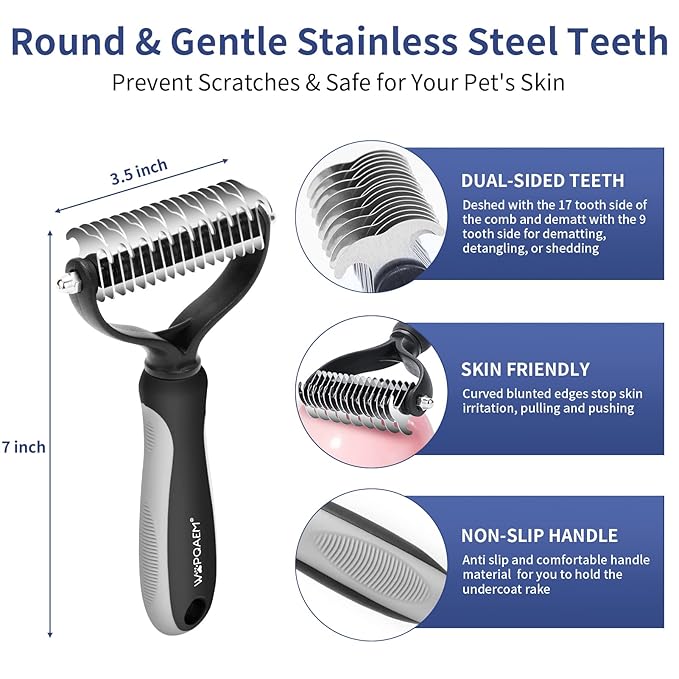 5 in 1 Dog Grooming Kit - Self-Cleaning Slicker Brush for Shedding Short Long Haired Dogs & Cats, Includes Pet Comb, Flea Comb, Bath Brush, Undercoat Rake - Complete Fur Care Set - Gray-PawvioPets