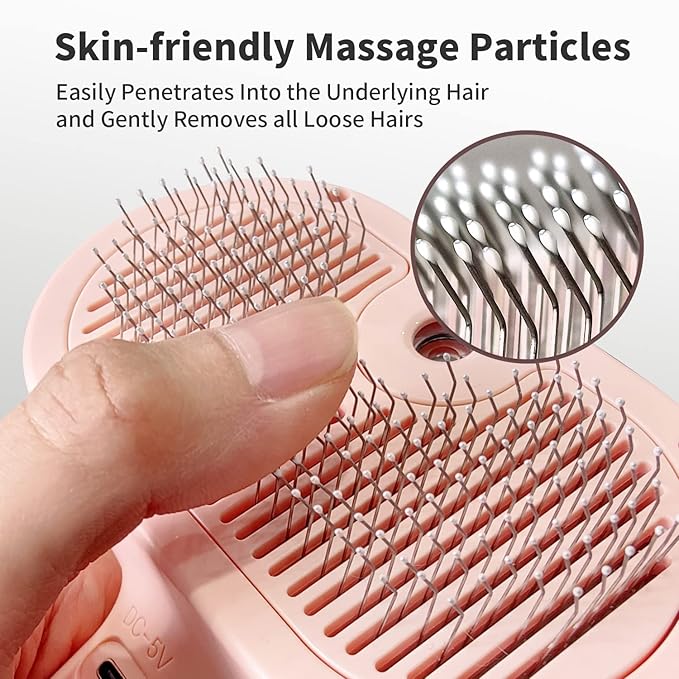 3-in-1 Steam Brush with Release Button and Tank, Anti-Static Pet Brush for Long and Short Hair - Removes Tangles and Loose Hair (Pink)-PawvioPets