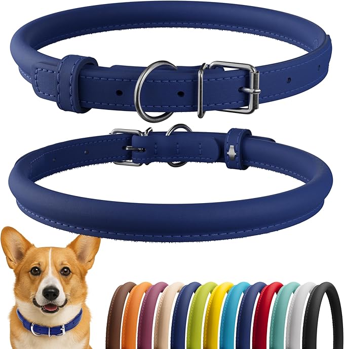 CollarDirect Rolled Leather Dog Collar, Soft Padded Round Puppy Collar, Handmade Genuine Leather Collar Dog Small Large Cat Collars 13 Colors (13-16 Inch, Deep Blue Smooth)-PawvioPets