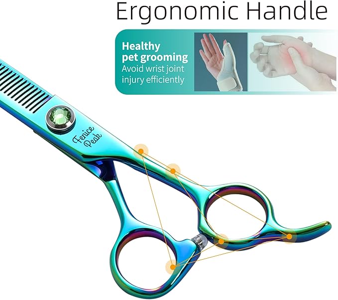 Fenice Peak 7'' Green Thinning Dog Grooming Scissors Pet Shears with Ergonomic Offest Handle and Simulated Emerald Screw 440C Grooming Scissors Trimming Shears Durable and Sharp-PawvioPets