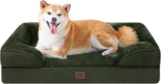 EHEYCIGA Orthopedic Dog Beds for Large Dogs, Waterproof Memory Foam Large Dog Bed with Sides, Non-Slip Bottom and Egg-Crate Foam Pet Couch Bed with Washable Removable Cover, Dark Green-PawvioPets