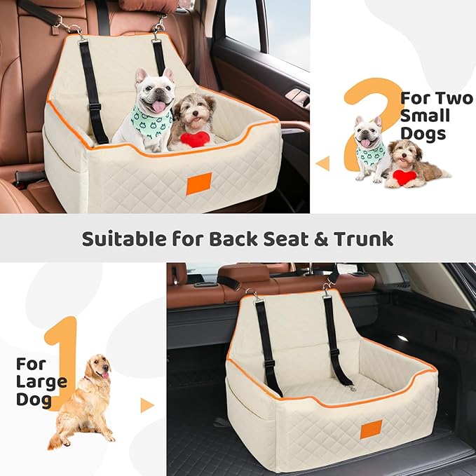 Dog Car Seat for Large/Medium Dog, Booster Seat Under 55Lbs or 2 Small Dogs, Detachable and Washable Travel Pet Seat with Thick Cushion and Storage Pockets (Beige)-PawvioPets
