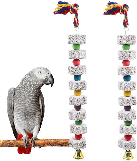 2 Pack Mineral Block Chew Toys with Colorful Beads and a Bell, Bird Beak Grinding Stone, Cage Accessories for African Grey, Budgies, Cockatiels, Small to Medium Birds-PawvioPets