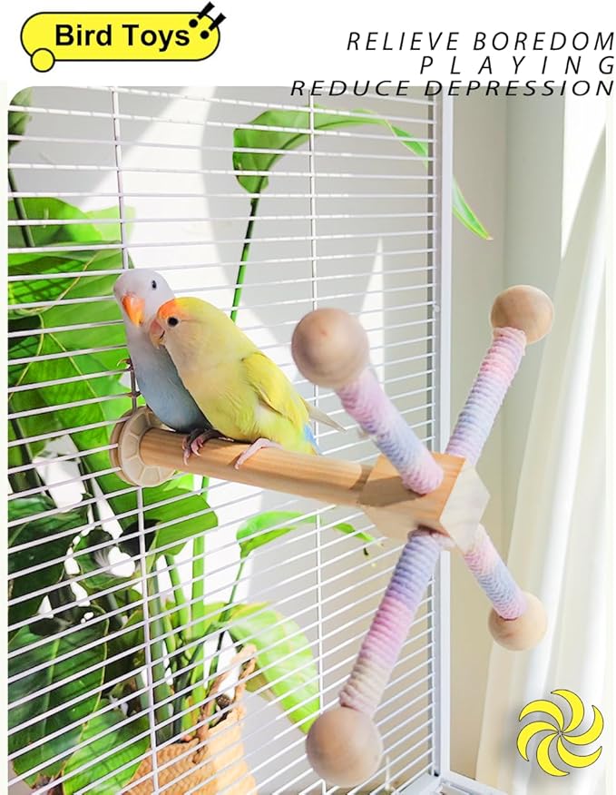 Bird Stand Perch Toy, 360° Rotating Natural Wooden Parrot Perch for Bird Cages, Colorful-PawvioPets