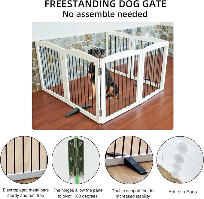 Freestanding Panel Dog Gate for Indoor Doorways, Stairs, or Hallways, Foldable Wooden Pet Gate, Support Feet Included, 24" Height-6 Panels, White-PawvioPets