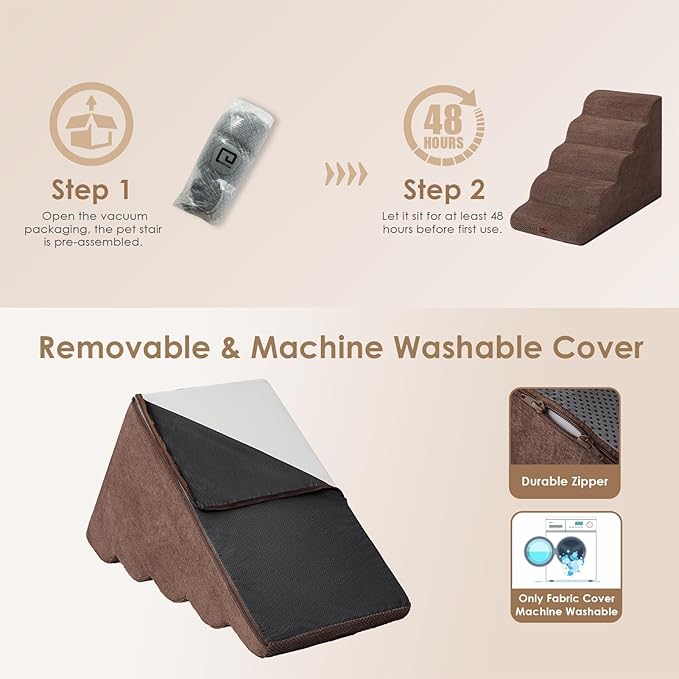 EHEYCIGA Curved Dog Stairs Ramp for High Beds, 5-Step Extra Wide Dog Steps for Small Dogs and Cats, Pet Stairs for High Bed Climbing, Non-Slip Balanced Pet Step Indoor, Brown-PawvioPets