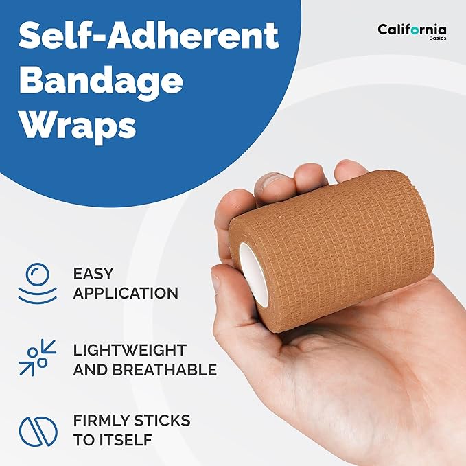 California Basics - 8 Pack - Self Adhesive Bandage Wraps - 3 Inch by 5 Yards Non Woven Self Adhesive Bandage Wrap, Brown Athletic Tape for Wrist, Hand & Ankle Wrap, Premium-Grade Medical Bandage Tape-PawvioPets