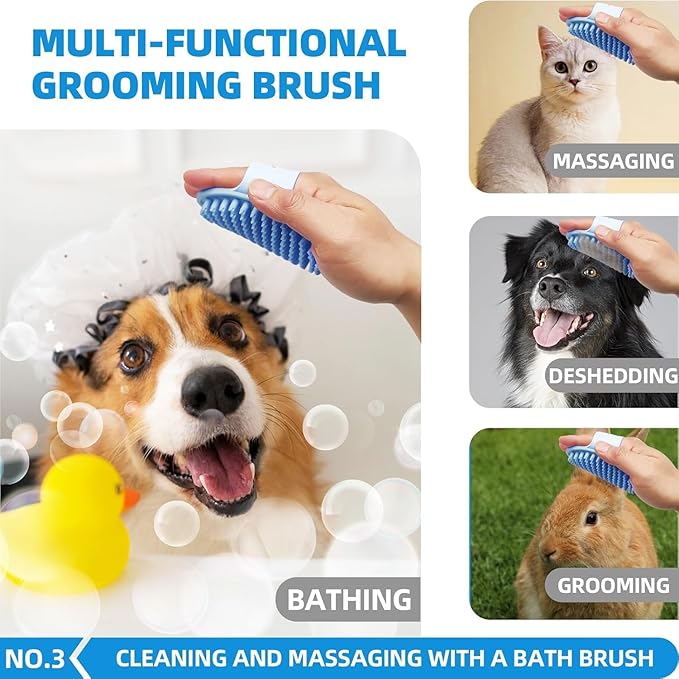 Bath Grooming Kit with Hair Brush, Towel & Scrubber Gloves - 6-in-1 Slicker Brush for Shedding Dogs & Cats, Blue-PawvioPets