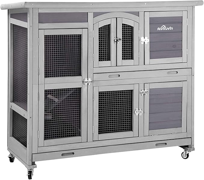 Aivituvin 47" Two Story Rabbit Hutch Bunny Cage with Wheels, Indoor Outdoor Guinea Pig Cage with 2 Deep No Leak Tray-PawvioPets