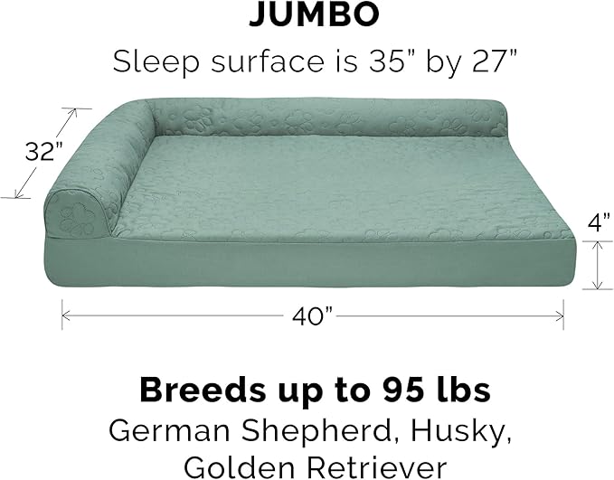 Furhaven Cooling Gel Dog Bed for Large Dogs w/ Removable Bolsters & Washable Cover, For Dogs Up to 95 lbs - Pinsonic Quilted Paw L Shaped Chaise - Iceberg Green, Jumbo/XL-PawvioPets