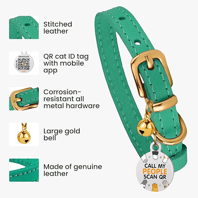 BRONZEDOG Leather Cat Collar with Removable Bells Non Breakaway Kitten QR Tag for Girl Boy (9" - 12" Cats/Mini Dogs, Green & Gold)-PawvioPets