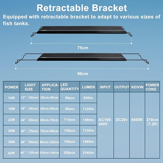 24/7 LED Aquarium Light, IP68 Waterproof Extendable Bracket Fish Tank Light with Timer, 7 Colors, 10 Level Adjustable Brightness, DIY Mode Full Spectrum Aquarium Plant Light for 30-36 Inch Fish Tank-PawvioPets