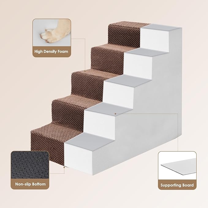 EHEYCIGA Dog Stairs for High Bed 22.5" H, 5-Step Dog Steps for Bed, Pet Steps for Small Dogs and Cats, Non-Slip Balanced Pet Ramp Indoor, Brown-PawvioPets