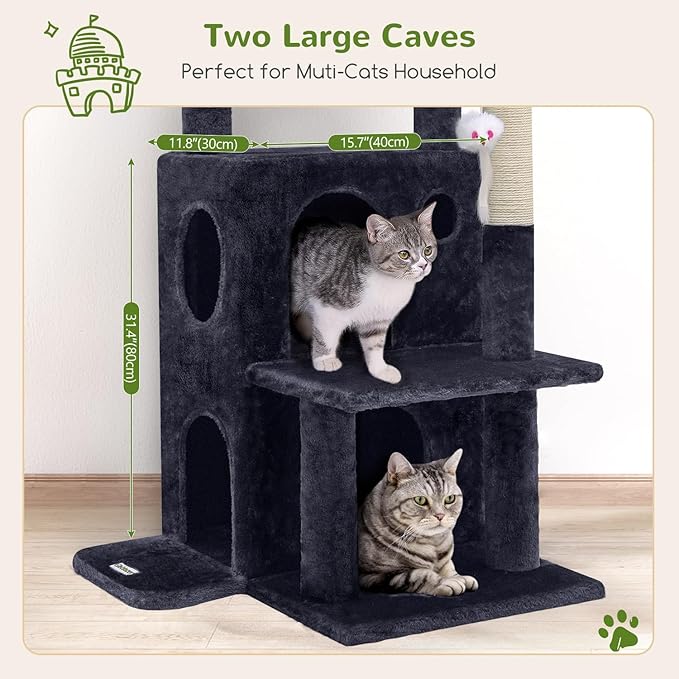 Globlazer Cat Tree Tower for Indoor Cats, 50-inch Adult Cat Tree House for Large Adult Cats with Steps, Scratching Post, 2 Cat Caves, Dangling Toys, FC50, Dark Grey-PawvioPets
