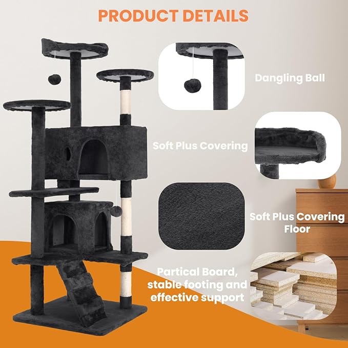 54.7 inches Cat Tower for Indoor Cats, Multi-Level Cat Condos with Scratching Posts, Hanging Toys, Dark Gray-PawvioPets