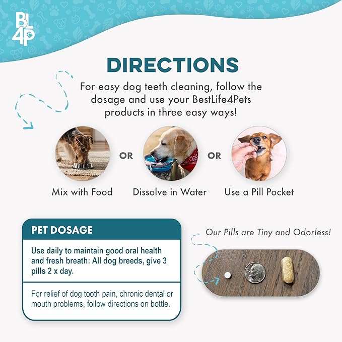 Dog Dental Care & Bad Breath Remedy, Natural Dog Oral Care for Healthy Teeth, Mouth & Gums, Daily Canine Breath Freshener, Plaque, Tartar Control Helps Reduce Gingivitis, Easy to Use 800 Tiny Pills-PawvioPets