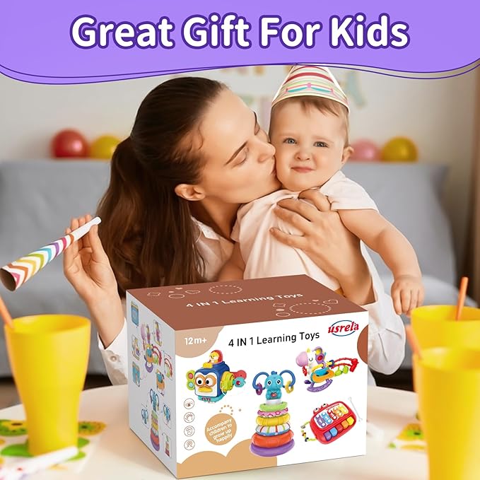 4 in 1 Baby Toys for 6 12 18 Month, Learning Toys for Babies 6-12 Months, Busy Cube, Stacking Sorter, Piano Xylophone Pull String Travel Toy, Birthday Gifts for Toddlers 1 2 Years Old-PawvioPets