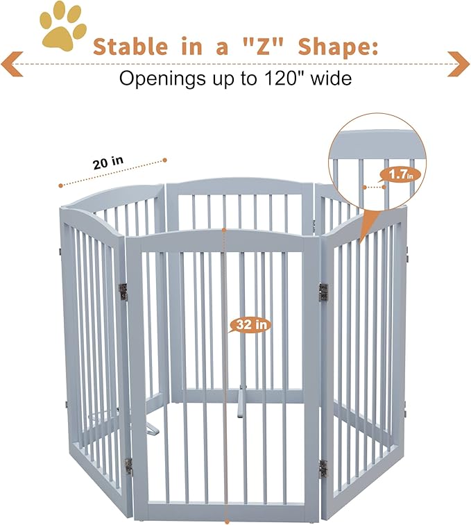 Freestanding Pet Gate for Dogs, Indoor Wooden Foldable Dog Gate for House, Extra Wide, Pet Fence for Stairs, Doorways, Halls, Support Feet Included, 120 Inch Wide, 6 Panels 32",Grey-PawvioPets