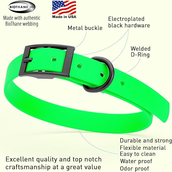 Dogline Biothane Waterproof Dog Collar Strong Coated Nylon Webbing with Black Hardware Odor- Proof for Easy Care Easy to Clean High Performance Fits Small Medium or Large Dogs, Tropical Green-PawvioPets