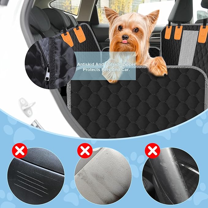Dog Car Seat Cover for Back Seat, Waterproof Protector with Side Flaps, Scratchproof Hammock, Non-Slip Bottom for Cars/Trucks/SUVs (Black+Grey)-PawvioPets