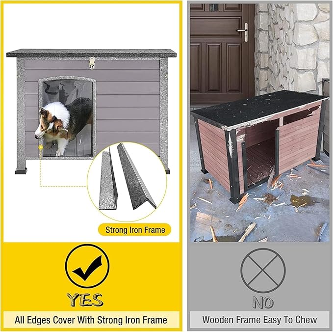 Aivituvin Dog House Outdoor Indoor Weatherproof Dog House for Small & Medium & Large Dogs with Unique All-Around Iron Frame＆Raised Feet（Grey）-PawvioPets