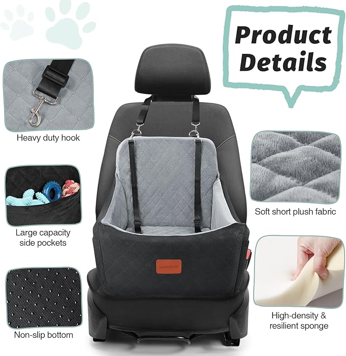 Dog Car Seat for Dogs Up to 35lbs,Fully Detachable and Washable,Memory Foam Covered Soft Fabric,Easy to Install with Adjustable Straps,Anti-Slip Bottom,Two Side Pockets(Black/Grey,Medium)-PawvioPets