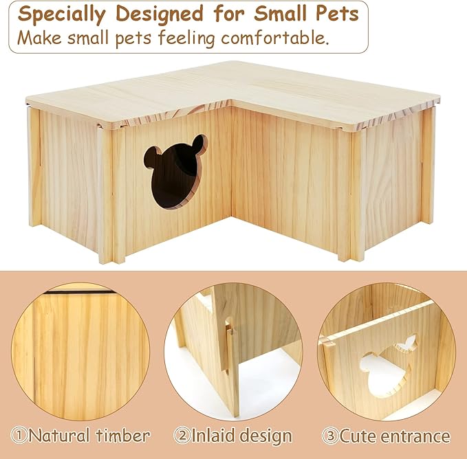 Fhiny Wooden Hamster House, Multi-Chamber Hamster Hideout & Tunnel Detachable Activity Room Exploring Toys Rats Habitat Decor for Dwarf Hamsters Gerbils Mice Lemmings (Small)-PawvioPets