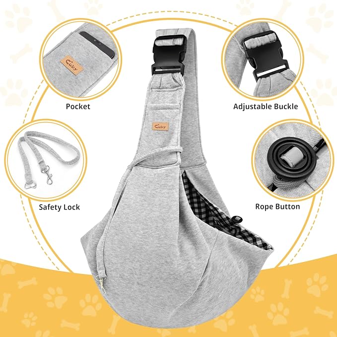CUBY Dog and Cat Sling Carrier, Hands Free Reversible Pet Papoose Bag, Soft Pouch Adjustable, Suitable for Puppy Cats for Outdoor Travel (Grey, M-Adjustable Strap)-PawvioPets