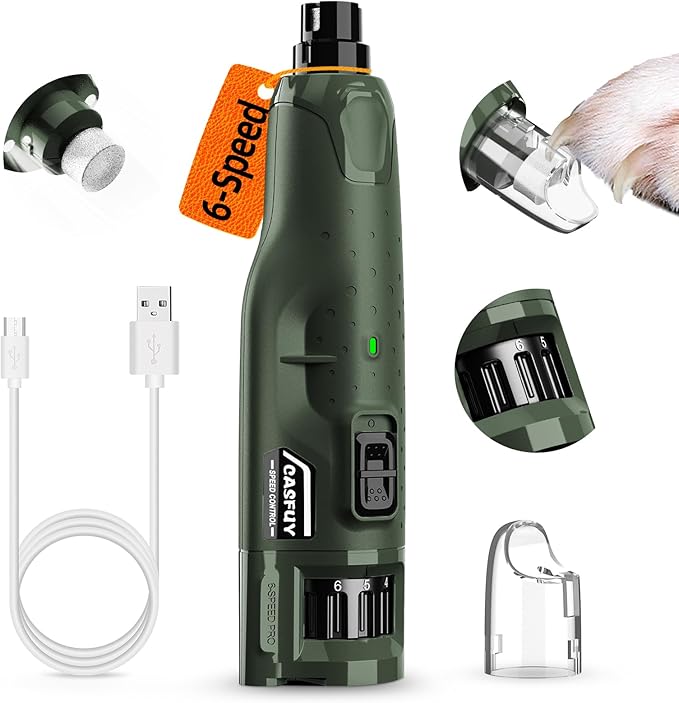 Casfuy Dog Nail Grinder Quiet - (45db) 6-Speed Pet Nail Grinder with 2 LED Lights for Large Medium Small Puppy Dogs/Cats, Professional 3 Ports Rechargeable Electric Dog Nail Trimmer with Dust Cap-PawvioPets