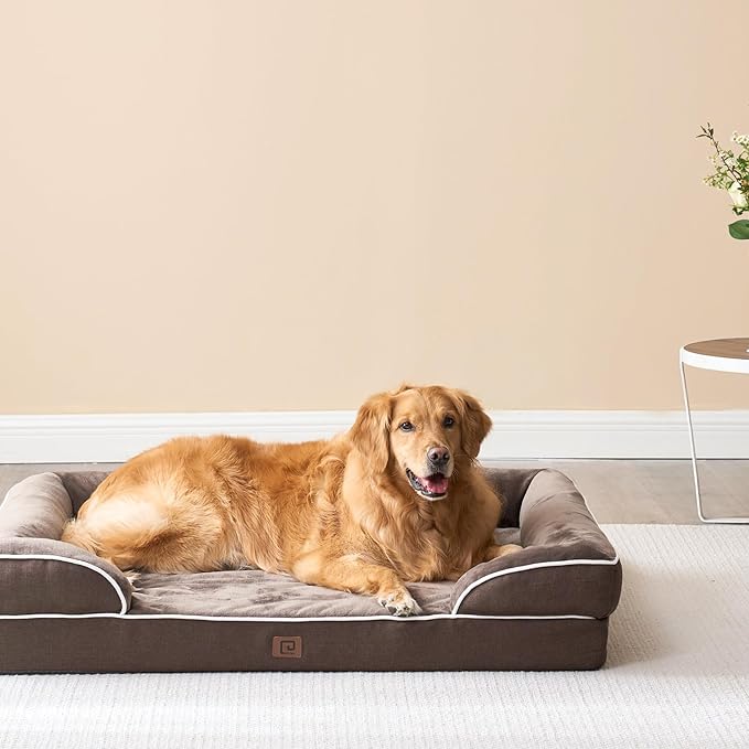 EHEYCIGA Orthopedic Dog Beds for Extra Large Dogs, Waterproof Memory Foam XL Dog Bed with Sides, Non-Slip Bottom and Egg-Crate Foam Big Pet Couch Bed with Washable Removable Cover, Brown-PawvioPets