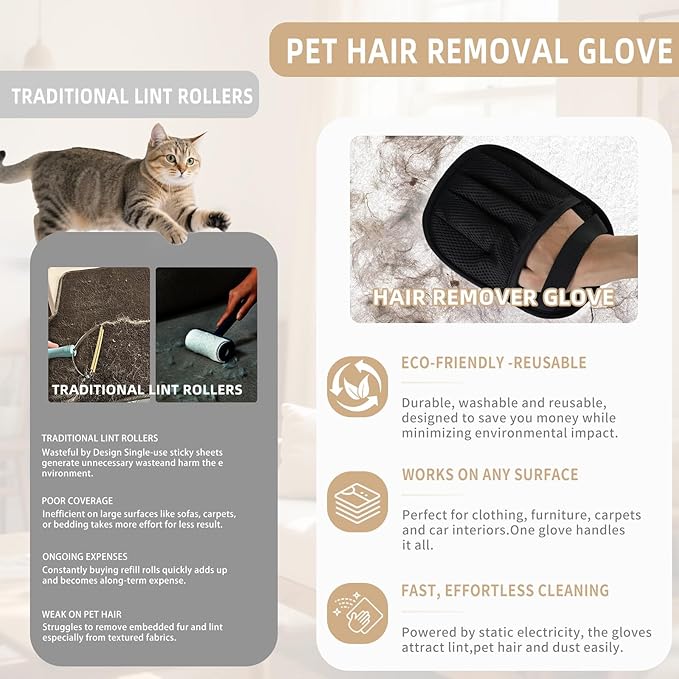 2𝑷𝒄𝒔 Pet Hair Removal Glove for Cats & Dogs, Newly Pro Five-Finger Electrostatic Pet Hair Remover Gloves, Reusable & Washable Magic Brush Pet Hair Removal Tool for Couch, Clothing, Carpet, Car Seat-PawvioPets