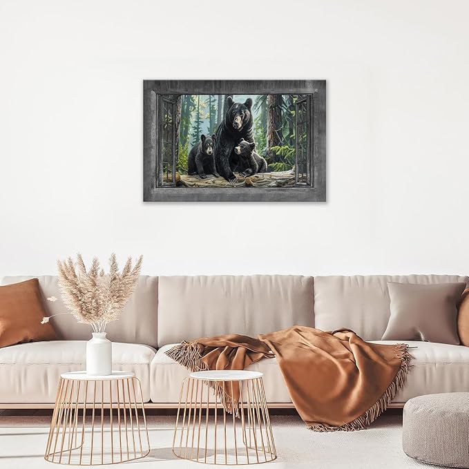 Black Bear Wall Art Forest Window Canvas Cabin Living Room Pictures Prints Animal Wall Decor Painting Artwork for Bedroom Dining Office Home 24"x16"-PawvioPets